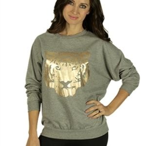 Womens grey sweatshirt gold metallic tiger face
